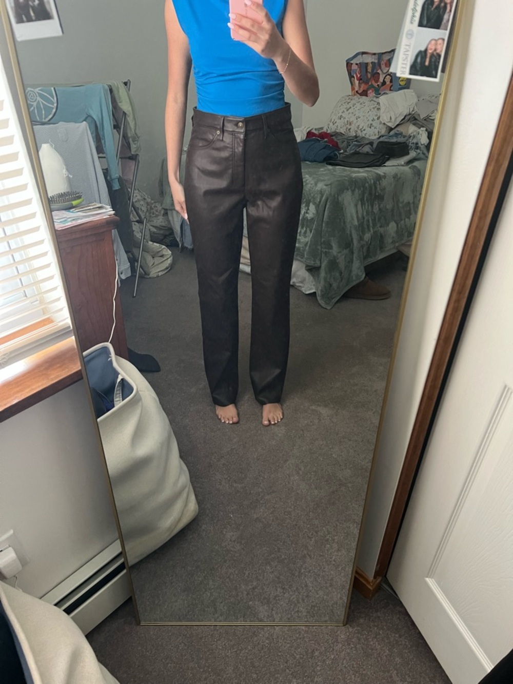 Super High Rise Modern  Straight-Leg Faux Leather Pants - Dark Brown